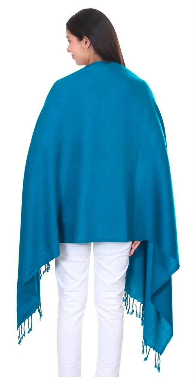 Premium Solid Teal Blue Acrylic Wool Stole with Fringe Tassels - Image 5