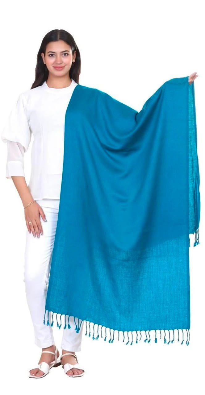 Premium Solid Teal Blue Acrylic Wool Stole with Fringe Tassels