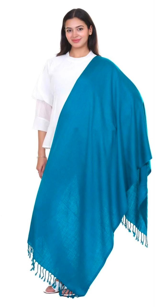 Premium Solid Teal Blue Acrylic Wool Stole with Fringe Tassels - Image 4