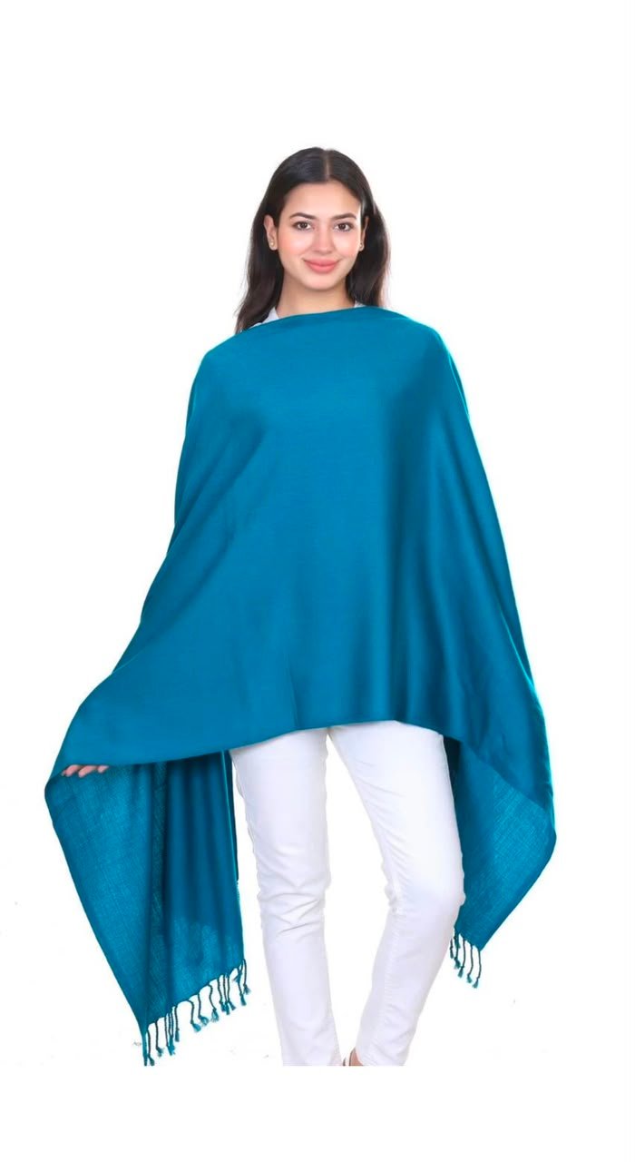 Premium Solid Teal Blue Acrylic Wool Stole with Fringe Tassels - Image 3