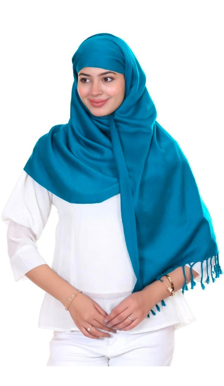 Premium Solid Teal Blue Acrylic Wool Stole with Fringe Tassels - Image 2