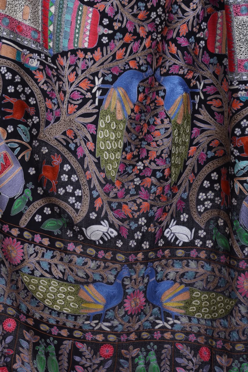 Luxe Black Embroidered Wool Shawl with Vivid Animal & Floral Shikargah Art - Image 4