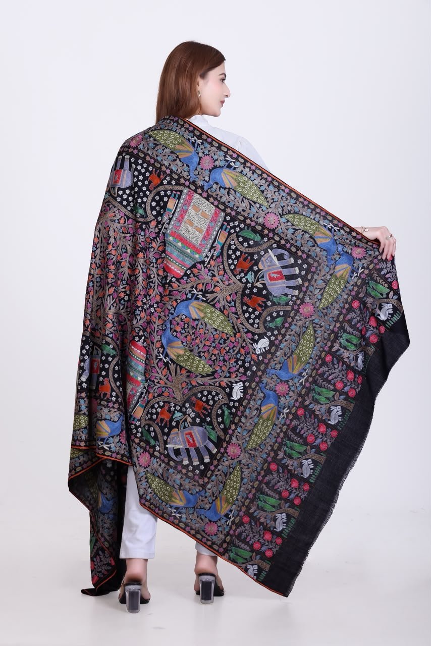 Luxe Black Embroidered Wool Shawl with Vivid Animal & Floral Shikargah Art - Image 3