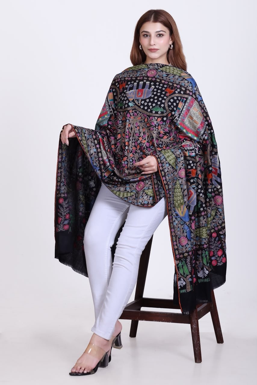 Luxe Black Embroidered Wool Shawl with Vivid Animal & Floral Shikargah Art
