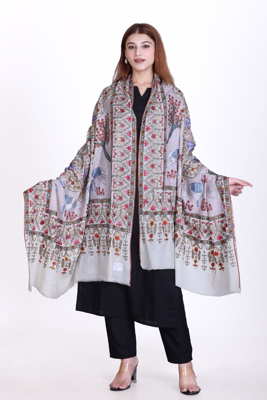 Luxe Light Grey Embroidered Wool Shawl with Dense Kashmiri Floral Jaal - Image 2