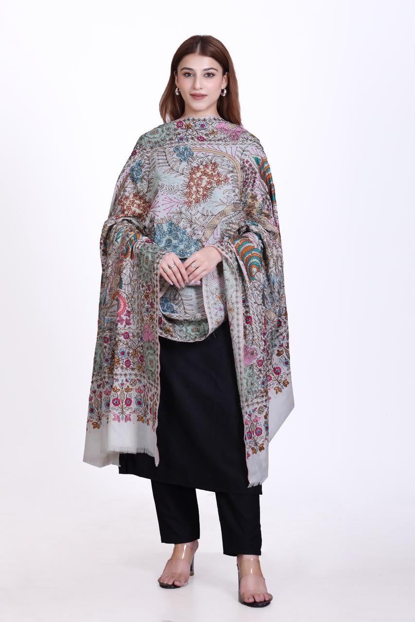 Luxe Light Grey Embroidered Wool Shawl with Dense Kashmiri Floral Jaal