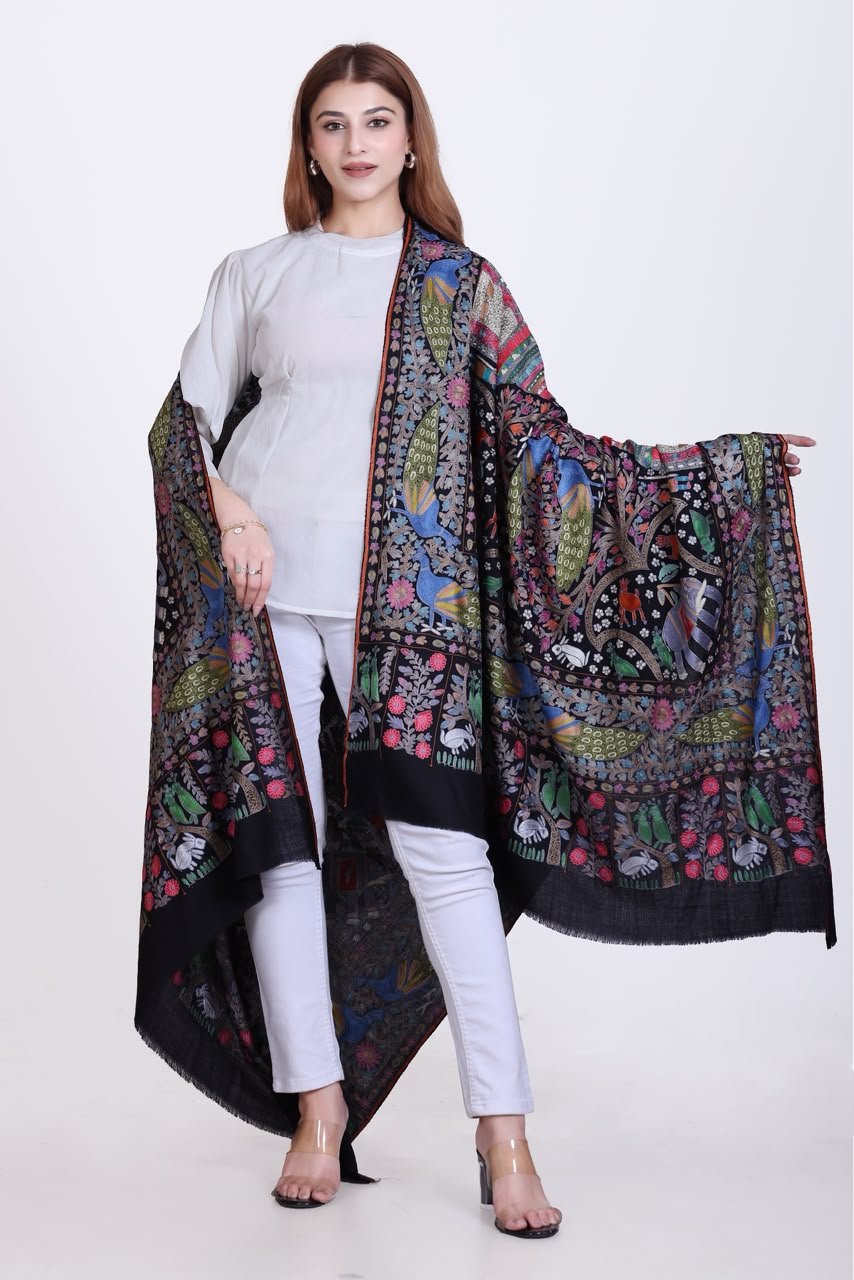 Luxe Black Embroidered Wool Shawl with Vivid Animal & Floral Shikargah Art - Image 2