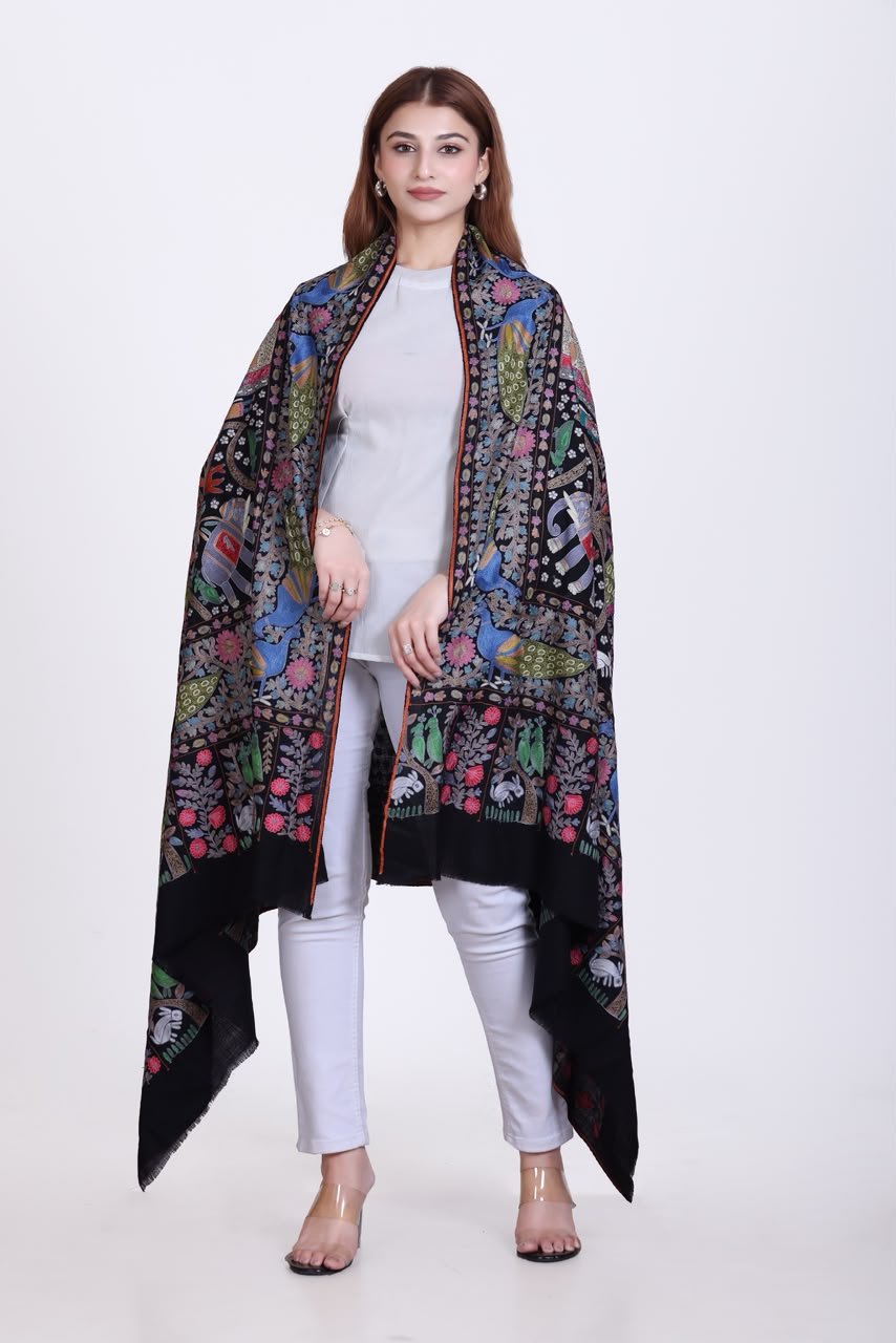 Luxe Black Embroidered Wool Shawl with Vivid Animal & Floral Shikargah Art - Image 5