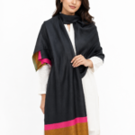 Elegant Black Wool Stole with Tri-Color Zari & Pink Accent Pallu