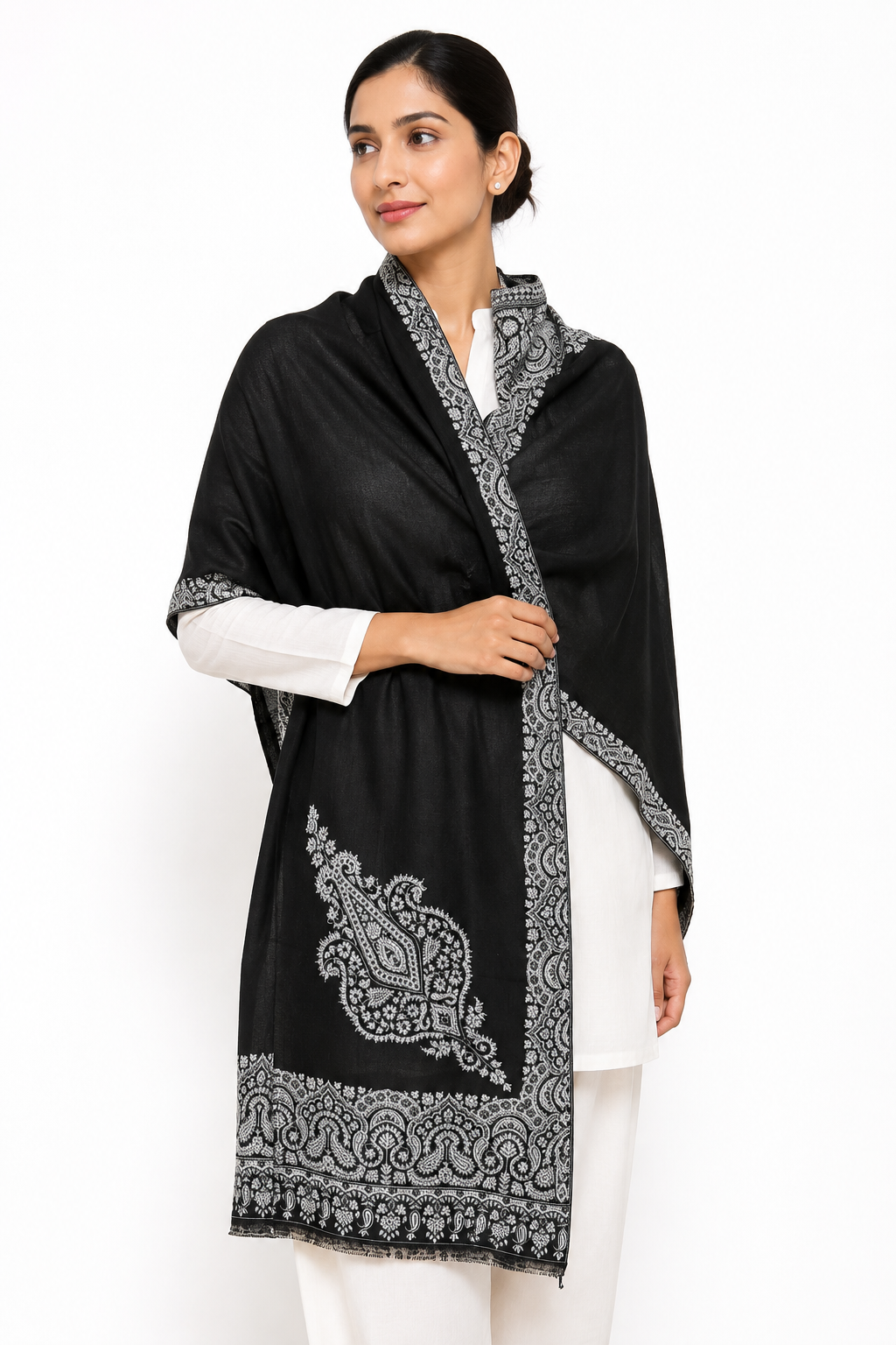 IMG_9083 Striking Black & Silver Grey Paisley Embroidered Wool Stole - Image 2