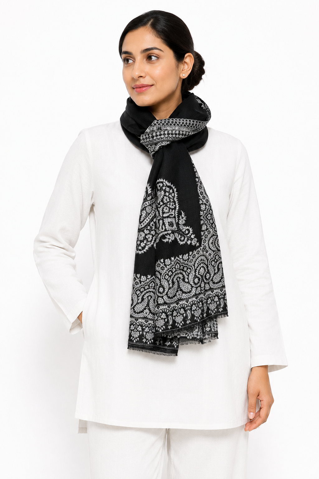 IMG_9084 Striking Black & Silver Grey Paisley Embroidered Wool Stole - Image 4