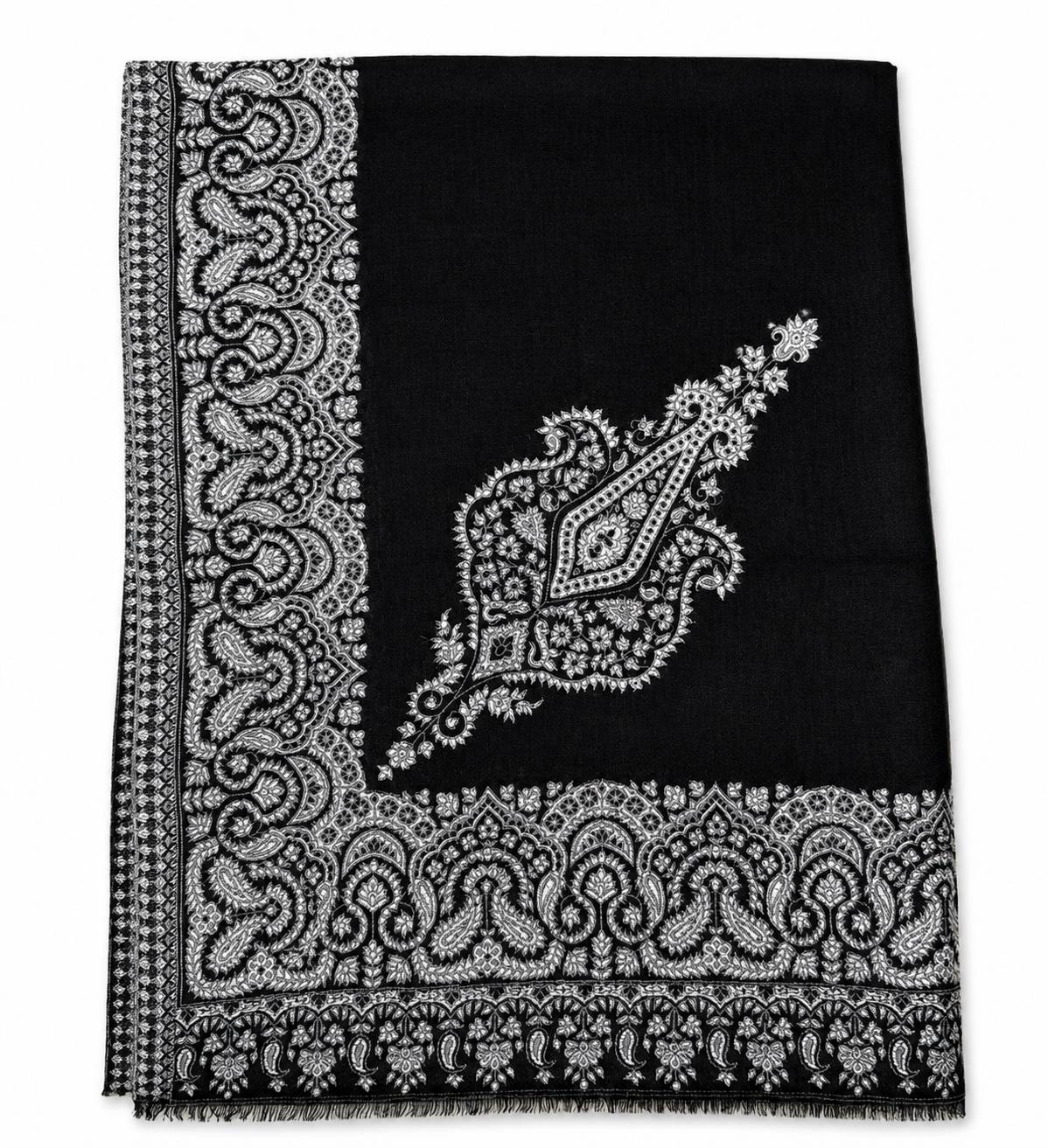IMG_9086 Striking Black & Silver Grey Paisley Embroidered Wool Stole - Image 3