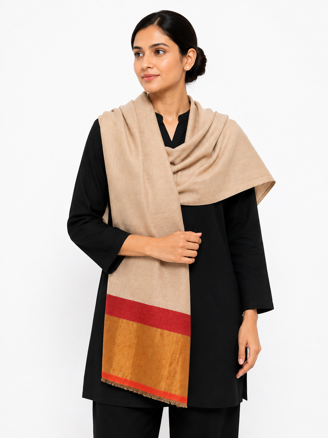 IMG_9087 Chic Beige Wool Stole with Red & Mustard Color-Block Pallu - Image 3