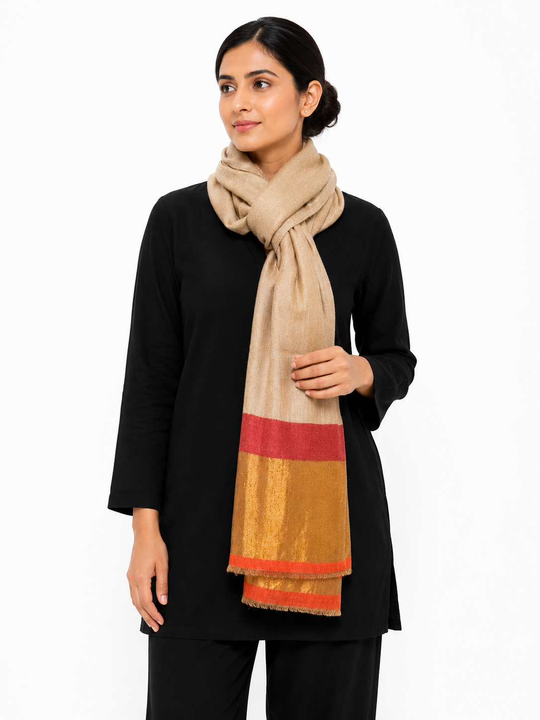 IMG_9088 Chic Beige Wool Stole with Red & Mustard Color-Block Pallu - Image 2