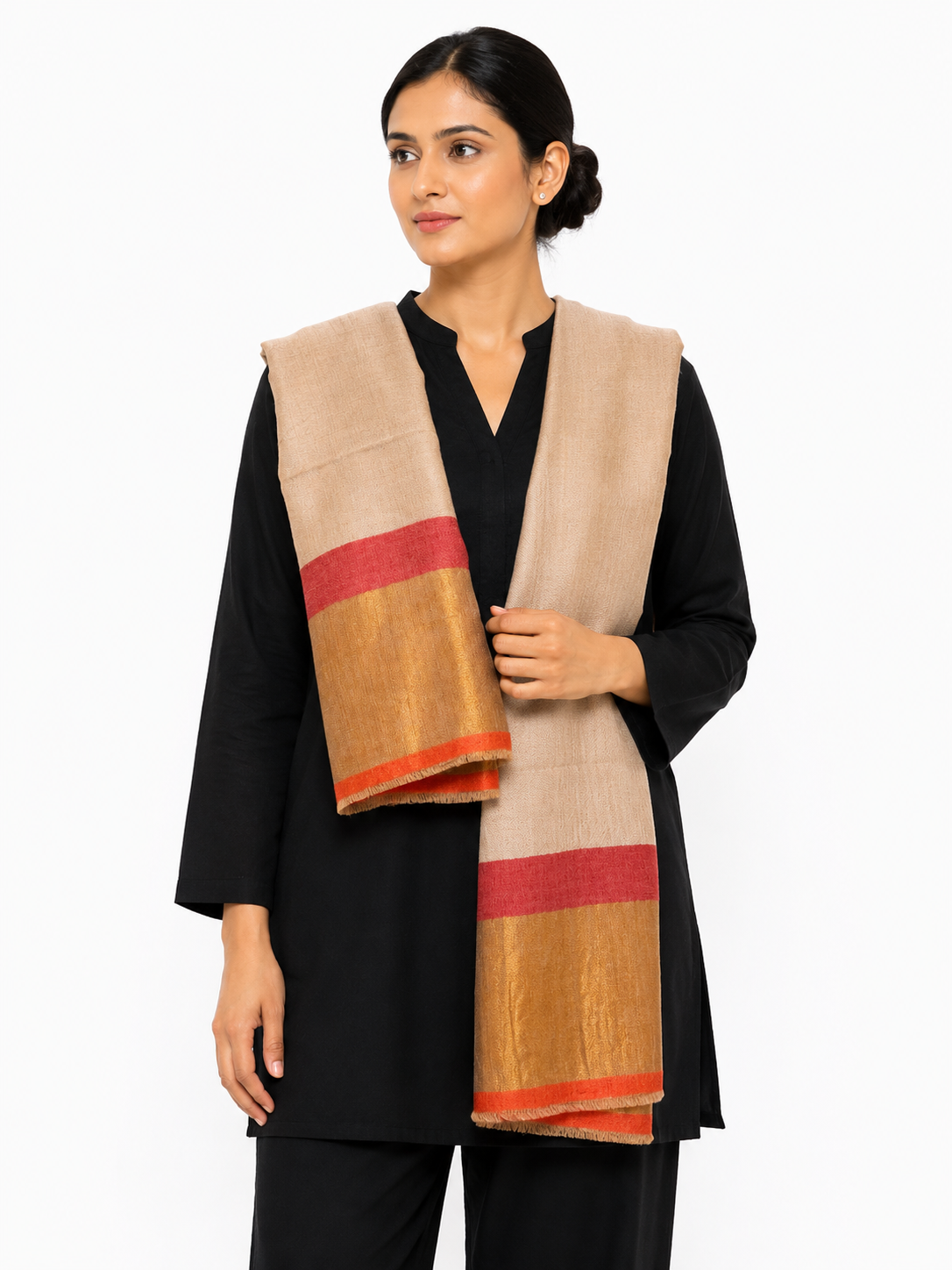 IMG_9089 Chic Beige Wool Stole with Red & Mustard Color-Block Pallu