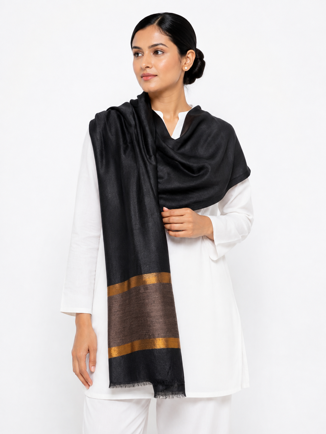 IMG_9091 Classic Jet Black Wool Stole with Brown & Golden Zari Color-Block Pallu - Image 3