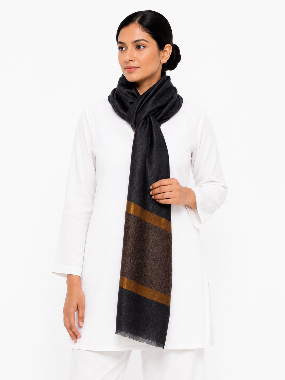 IMG_9092 Classic Jet Black Wool Stole with Brown & Golden Zari Color-Block Pallu - Image 2