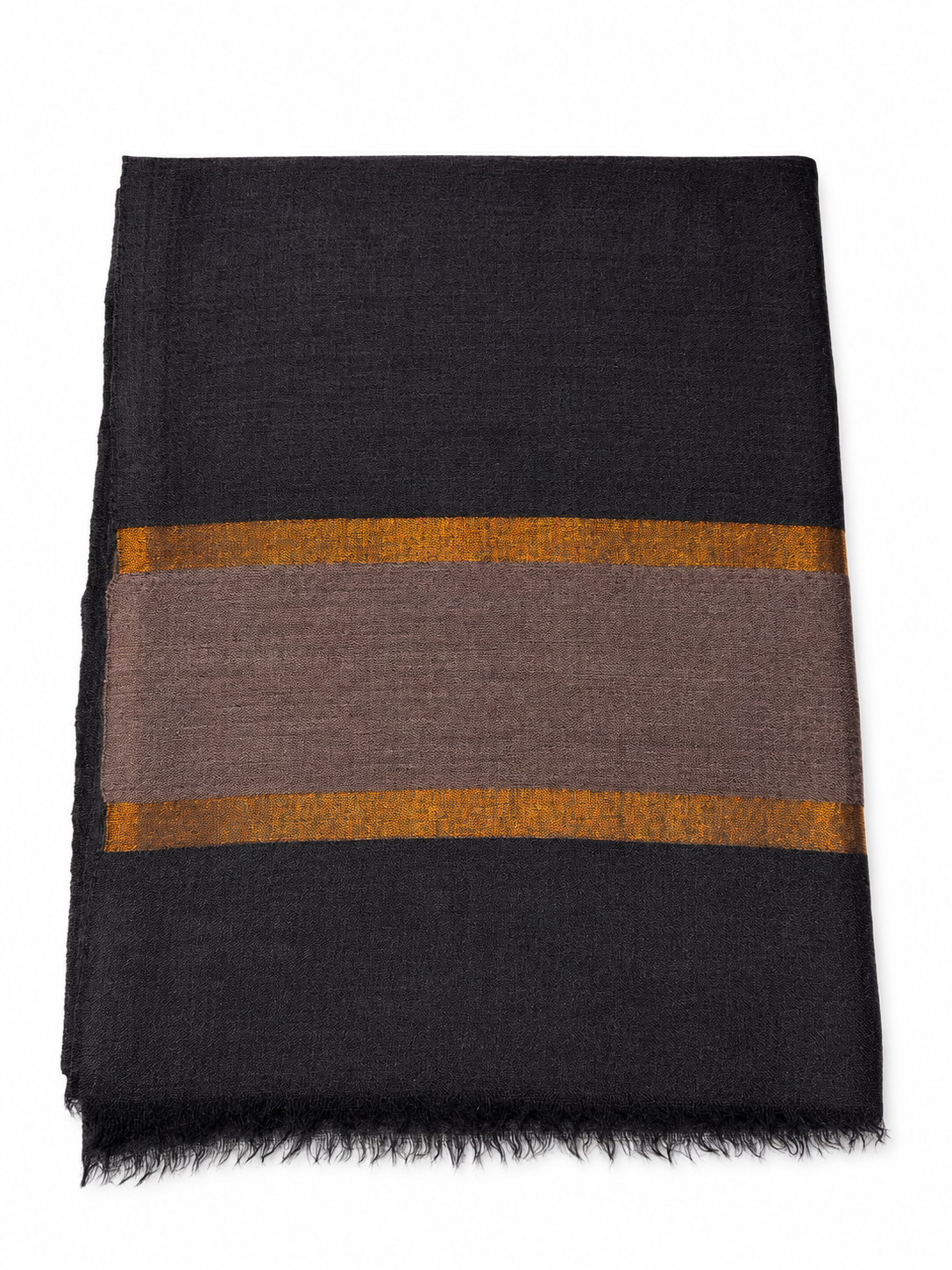 IMG_9094 Classic Jet Black Wool Stole with Brown & Golden Zari Color-Block Pallu - Image 4