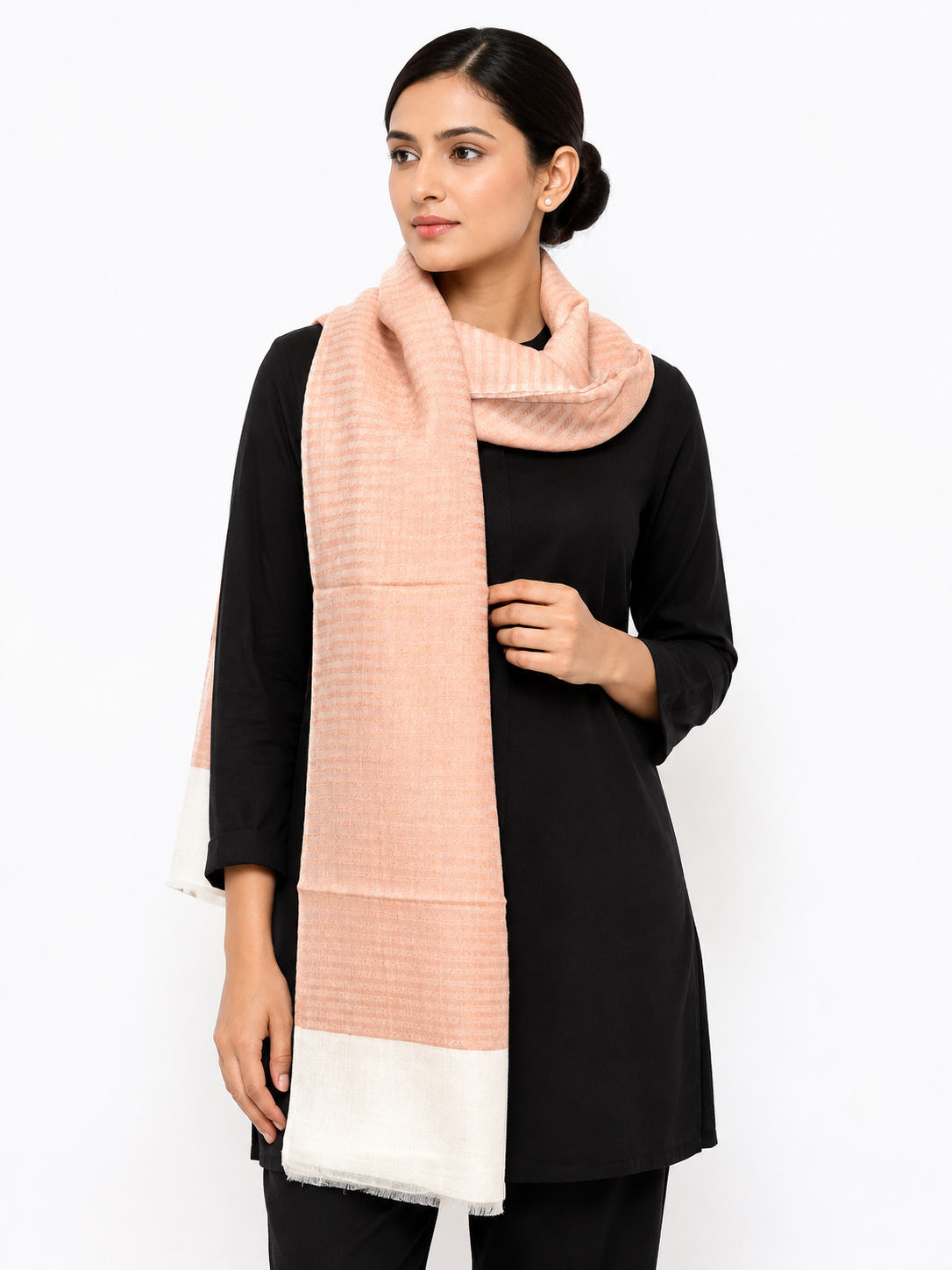 IMG_9095 Graceful Peach & Ivory Textured Wool Stole with Off-White Border - Image 2