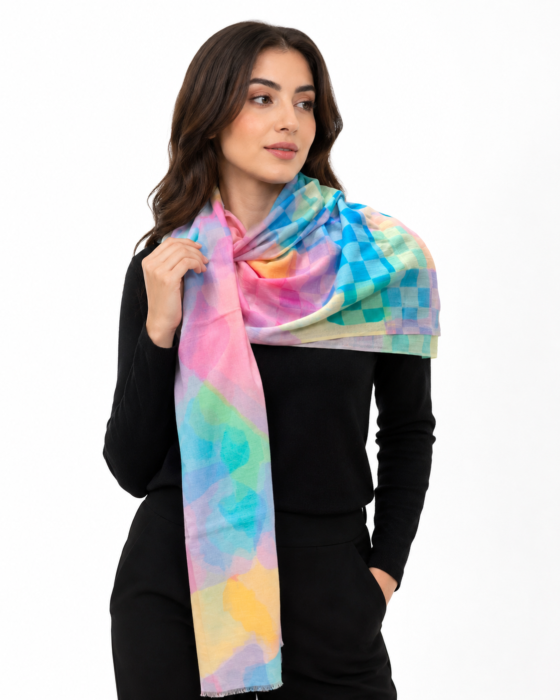 IMG_9218 Vibrant Multicolor Abstract Printed Cotton Stole with Lurex - Image 2